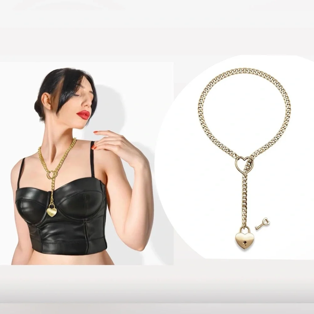 NEW! 90s/Y2K Heart Lock & Key Gold Stainless Steel Adjustable Toggle Necklace - Picture 2 of 7